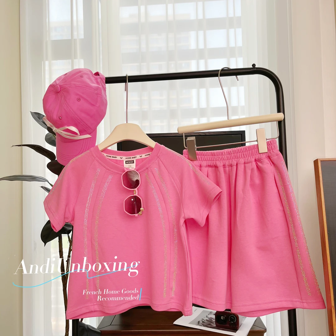 〖ANDI〗订制夏季新女童韩版重工压钻短袖短裤套装2325