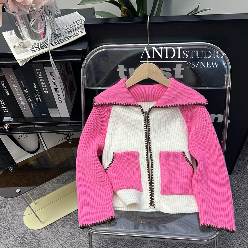 〖ANDI〗订制春秋款中大童洋气口袋撞色针织开衫毛衣1807