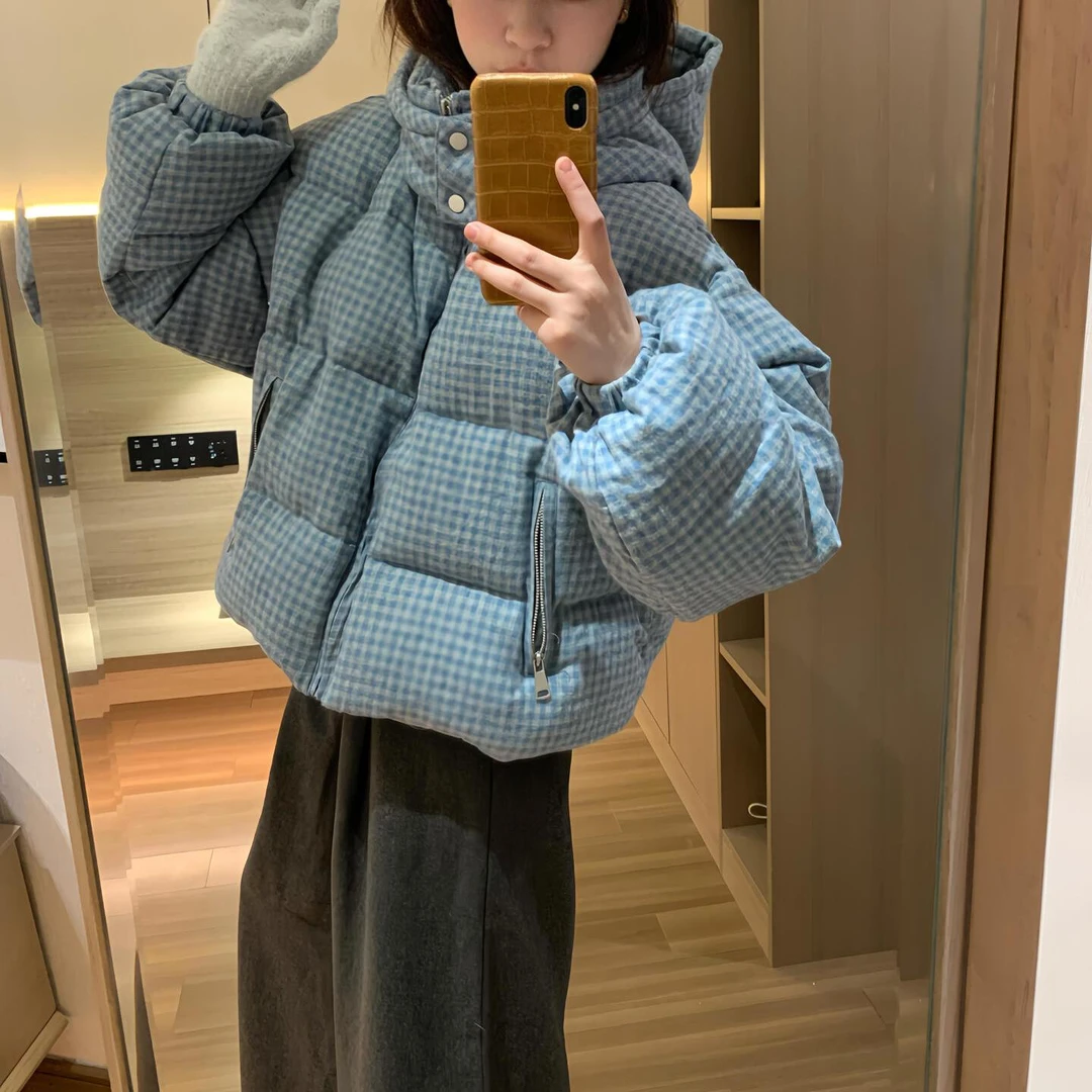 2024秋冬新款韩版气质立领连帽格子棉服女保暖蓬松面包服外套女