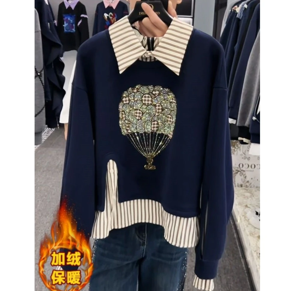 2025春秋新款百搭假两件拼接烫钻热气球显瘦减龄加绒保暖长袖卫衣