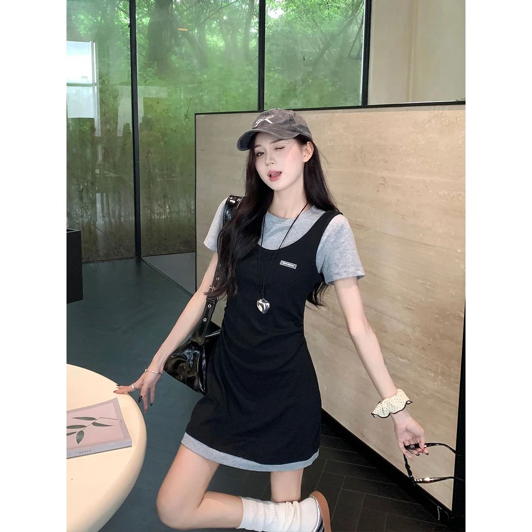 大码女装气质显瘦时尚休闲设计感拼接假两件女装连衣裙胖MM