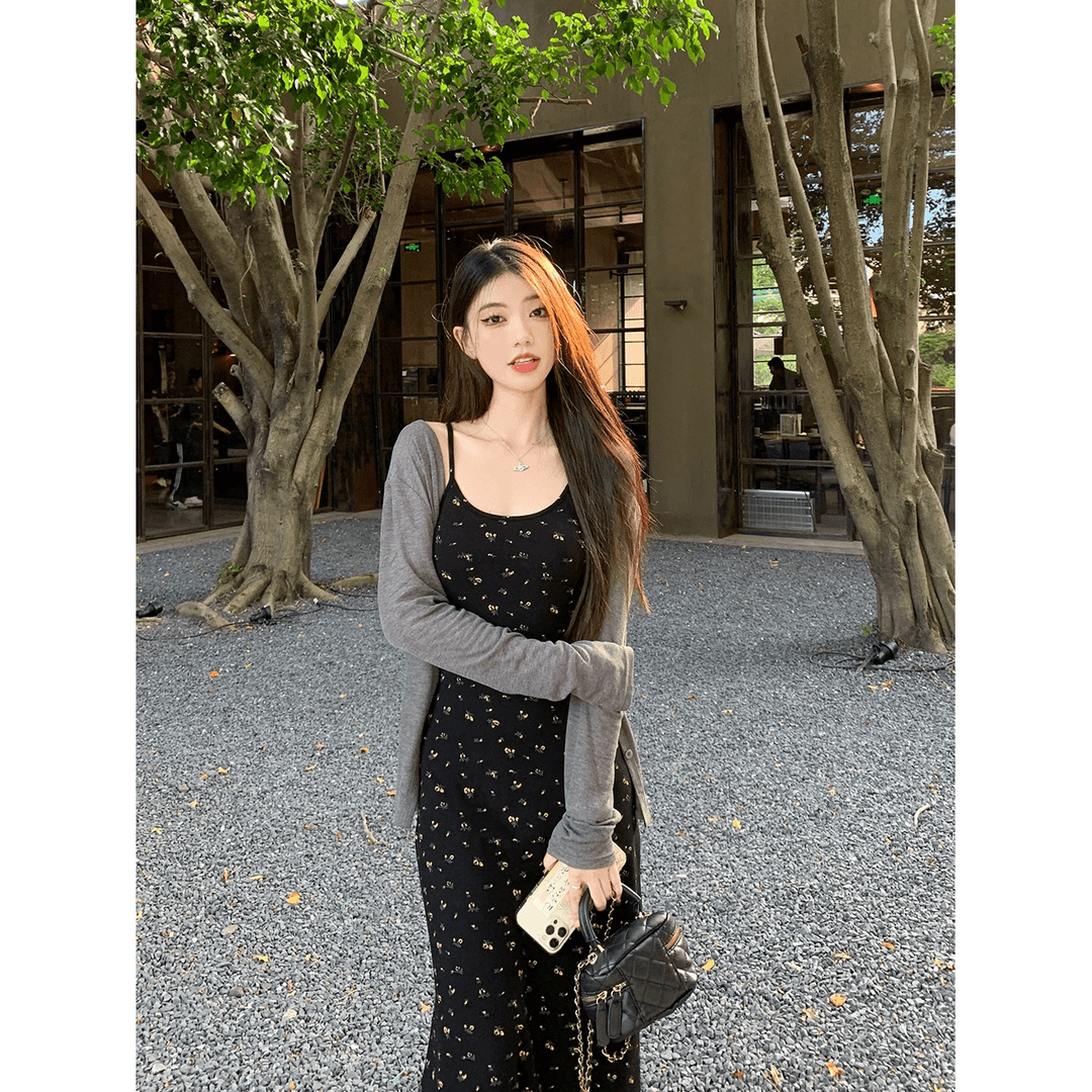 大码女装法式气质高腰显瘦针织碎花吊带连衣裙+开衫上衣