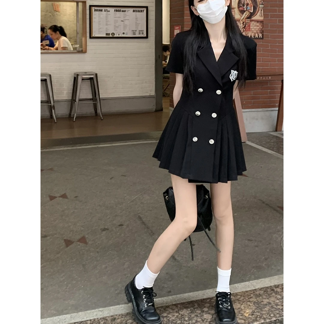 大码微胖双排扣百褶西装裙子女气质收腰显瘦短袖连衣裙