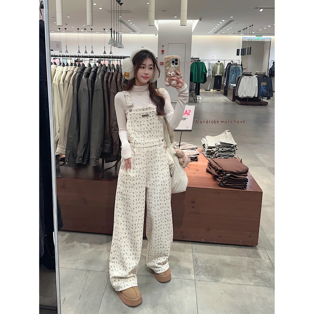 大码女装甜心缪斯休闲小众设计感碎花灯芯绒背带裤气质阔腿长裤