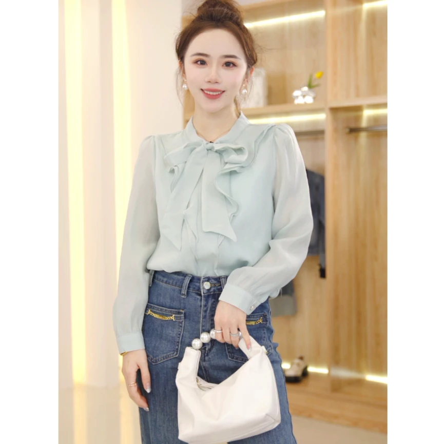 【诗雨推荐】法式系带领长袖衬衫时尚百搭泡泡袖上衣