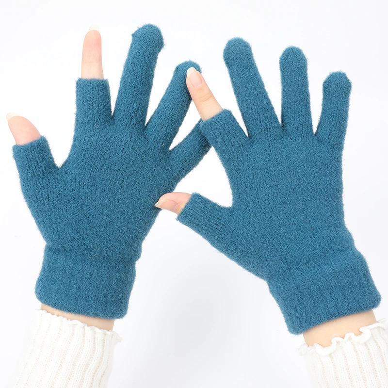 秋冬季露指手套男女士韩版加厚毛绒针织弹力漏二指头分指触屏手套
