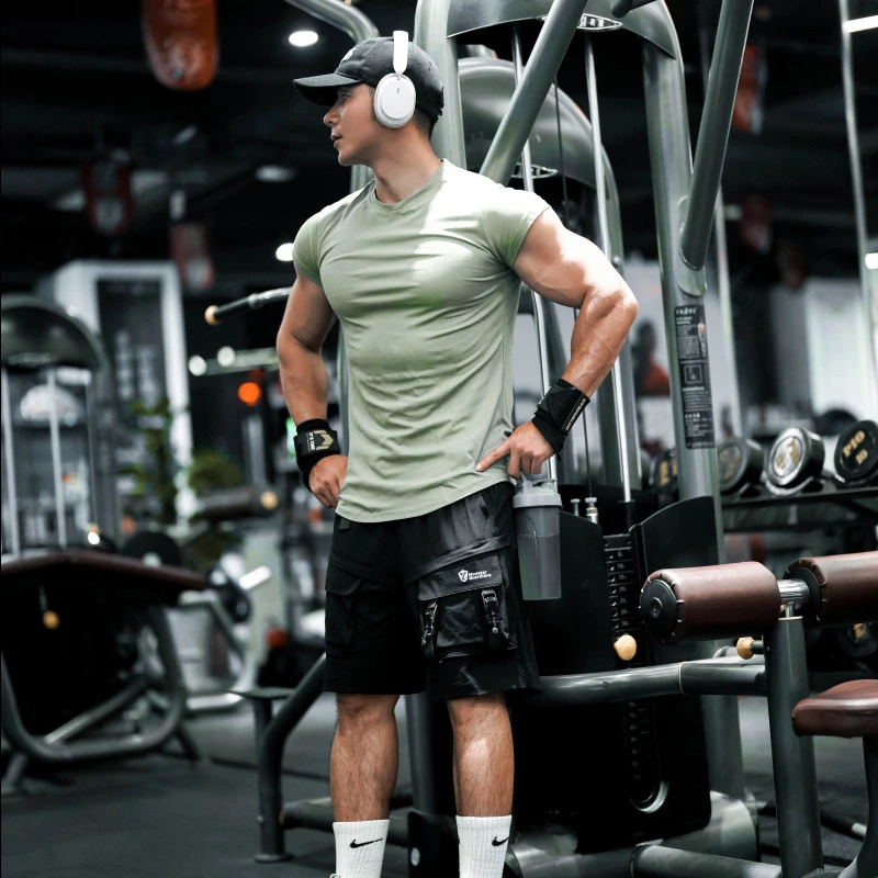 夏季健身运动显肌肉短袖男训练透气弹力打底无袖圆领衫健美T恤潮