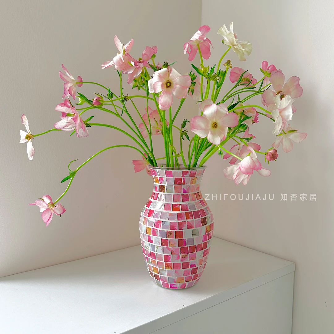 北欧手工马赛克花瓶多彩家居装饰品摆件水培鲜花插花器玻璃粉花瓶