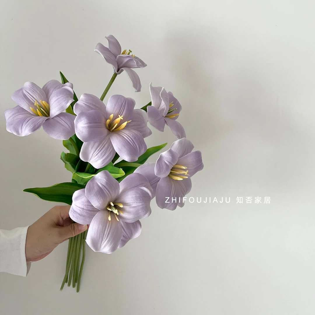 手感保湿郁金香布朗尼紫色仿真花束客厅装饰摆件高级插花假花
