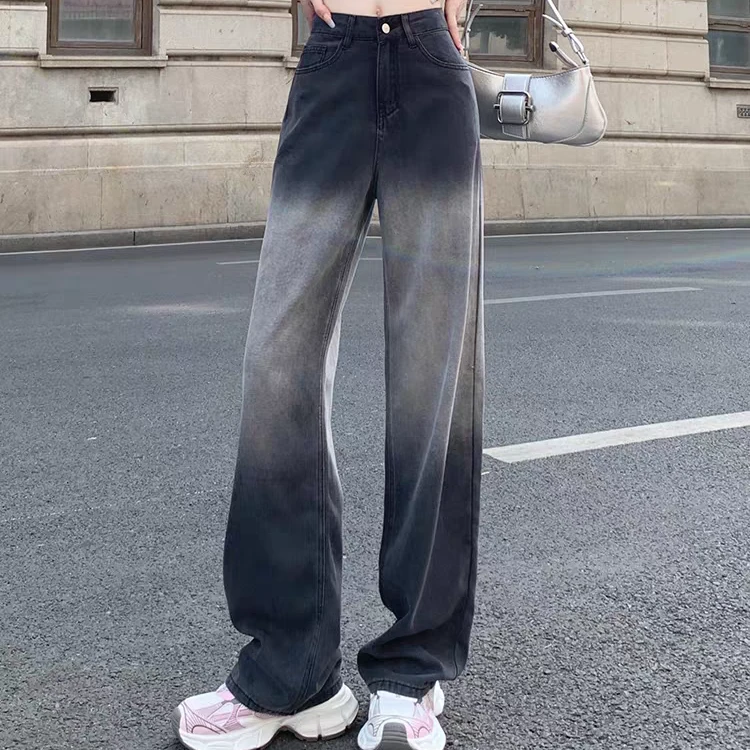 YOUMI垂感牛仔裤高腰百搭渐变显瘦复古宽松春秋夏季休闲牛仔裤
