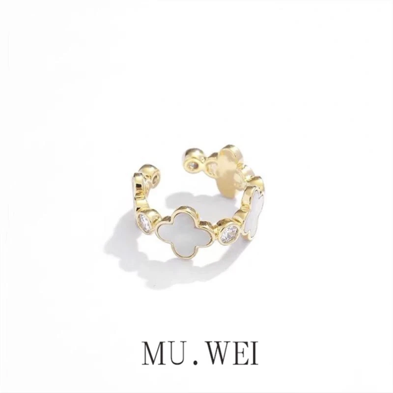 铜合金合成锆石戒指 韩版轻奢ins时尚指环气质幸运草开口戒指E133