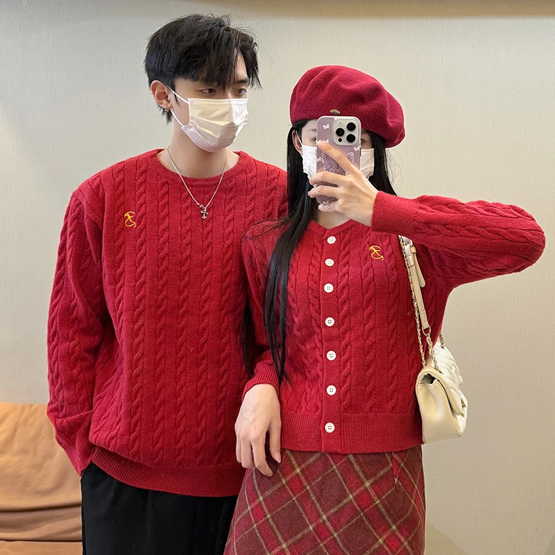 RAINY红色复古情侣装秋季新款ins超火毛针织衫宽松长袖休闲毛衣
