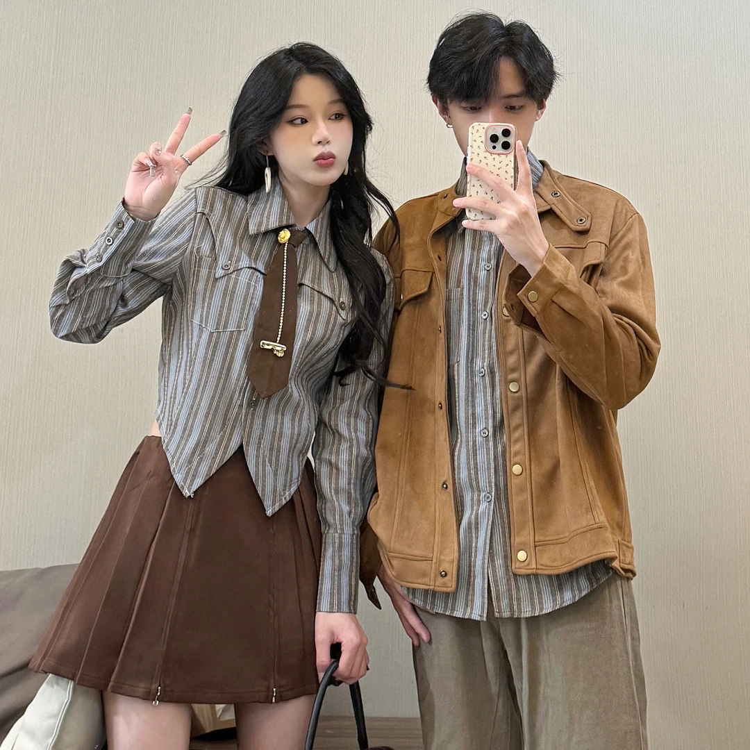 美拉德秋季新款学院风男女宽松衬衣设计感半身裙一裙一衣潮情侣装