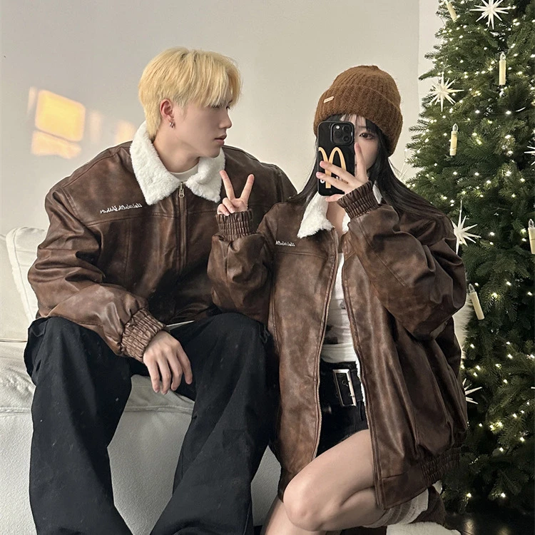 美式复古港风情侣装2024冬季加厚新款PU皮衣休闲百搭纯色棉服外套