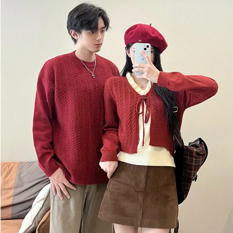 网红复古情侣装秋冬新款休闲慵懒风假两件针织衫白边V领系带毛衣
