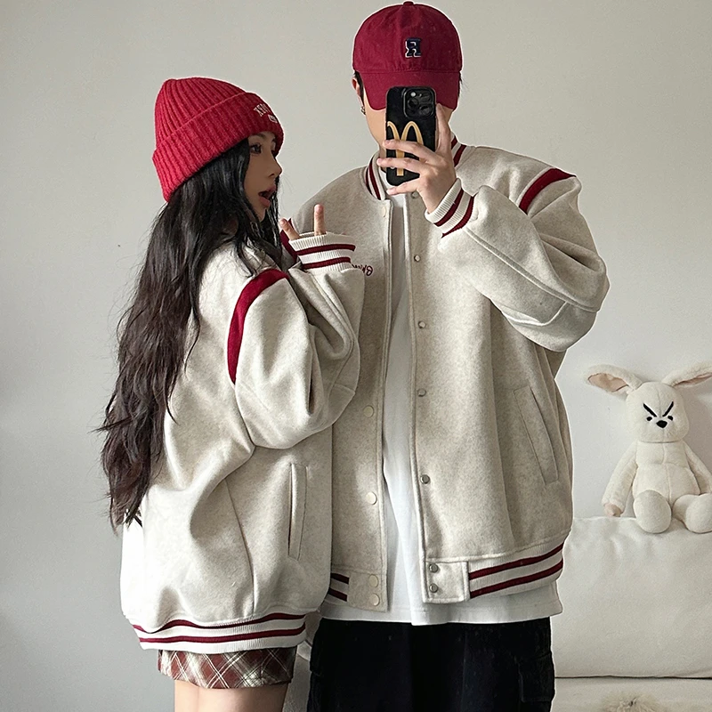 美式复古休闲情侣装加厚毛呢刺绣高级感秋冬拼接外套宽松棒球服