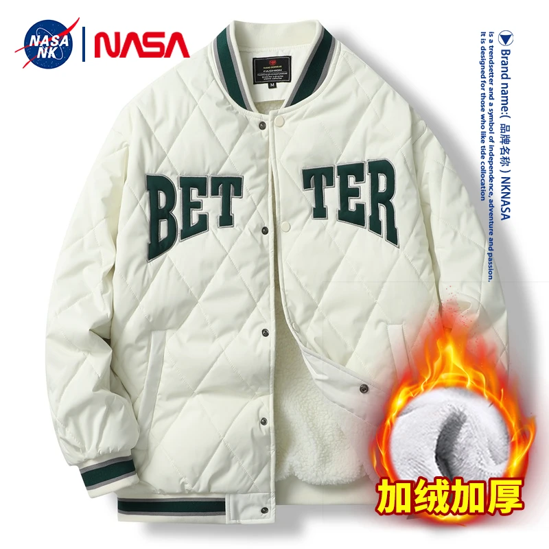 NASA联名冬季防寒保暖棉衣秋冬男士菱格加绒棉袄加厚棒球领外套潮