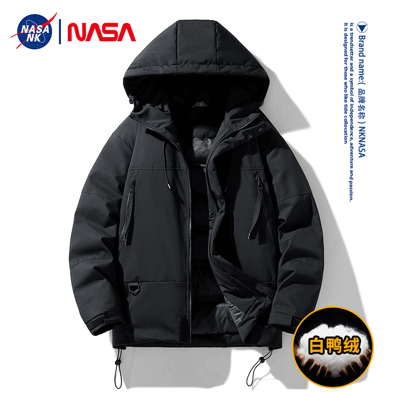 NASA联名户外黑色冲锋衣男防水防寒白鸭绒保暖连帽加厚羽绒服女冬