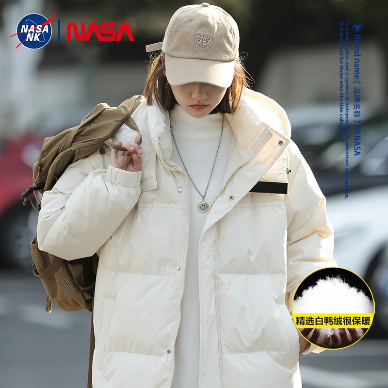 NASA联名户外运动白鸭绒羽绒服冬季男连帽保暖宽松潮流休闲外套女