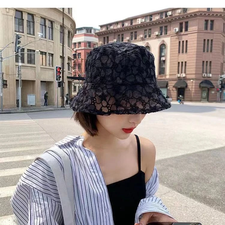 蕾丝渔夫帽女韩版百搭潮遮脸夏季薄款花朵镂空太阳帽防晒遮阳帽子