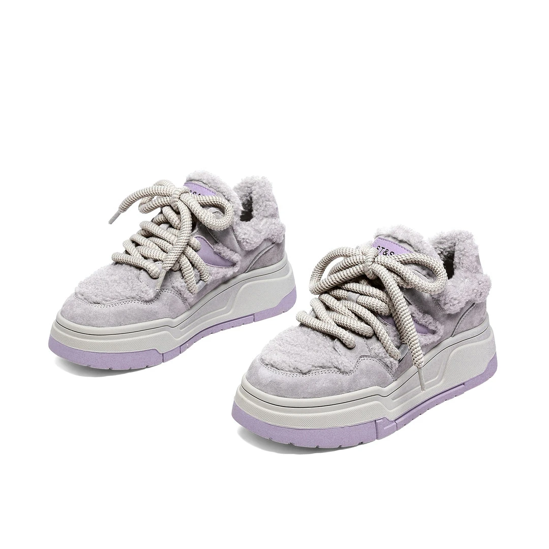 【欢欢家】毛毛鞋女2023冬季新款百搭加绒系带平底休闲鞋