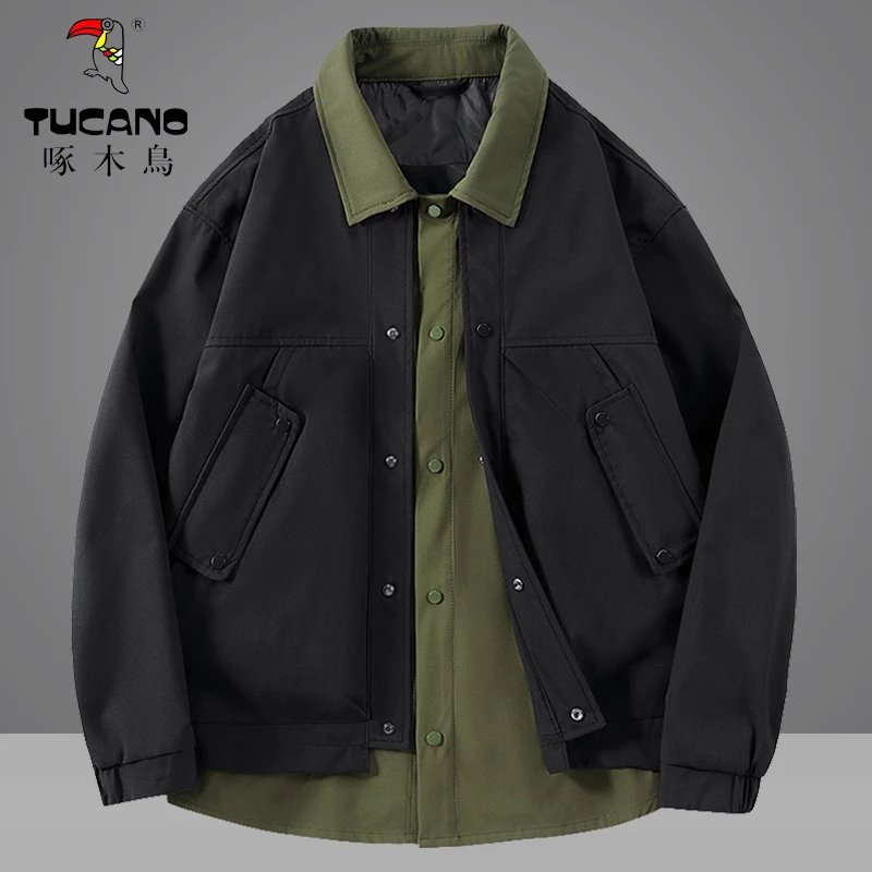 啄木鳥春季新款时尚宽松翻领工装外套男潮流休闲假两件拼接夹克