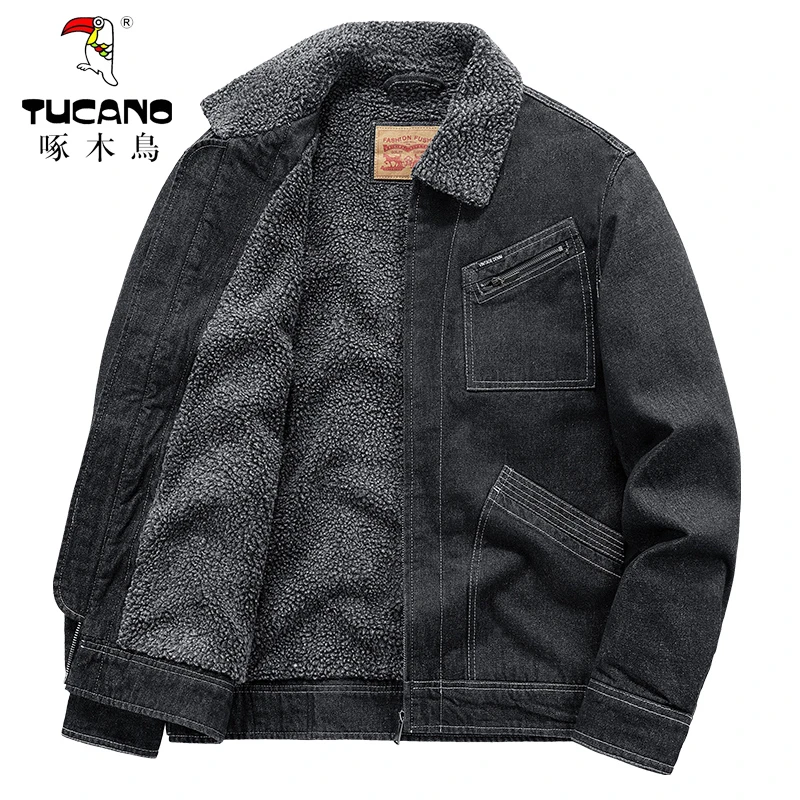 啄木鳥复古潮流牛仔夹克男士秋冬季宽松百搭保暖防寒翻领棉衣外套