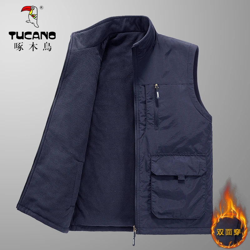 啄木鳥秋冬季双面穿宽松休闲工装马甲男加绒加厚保暖立领坎肩背心