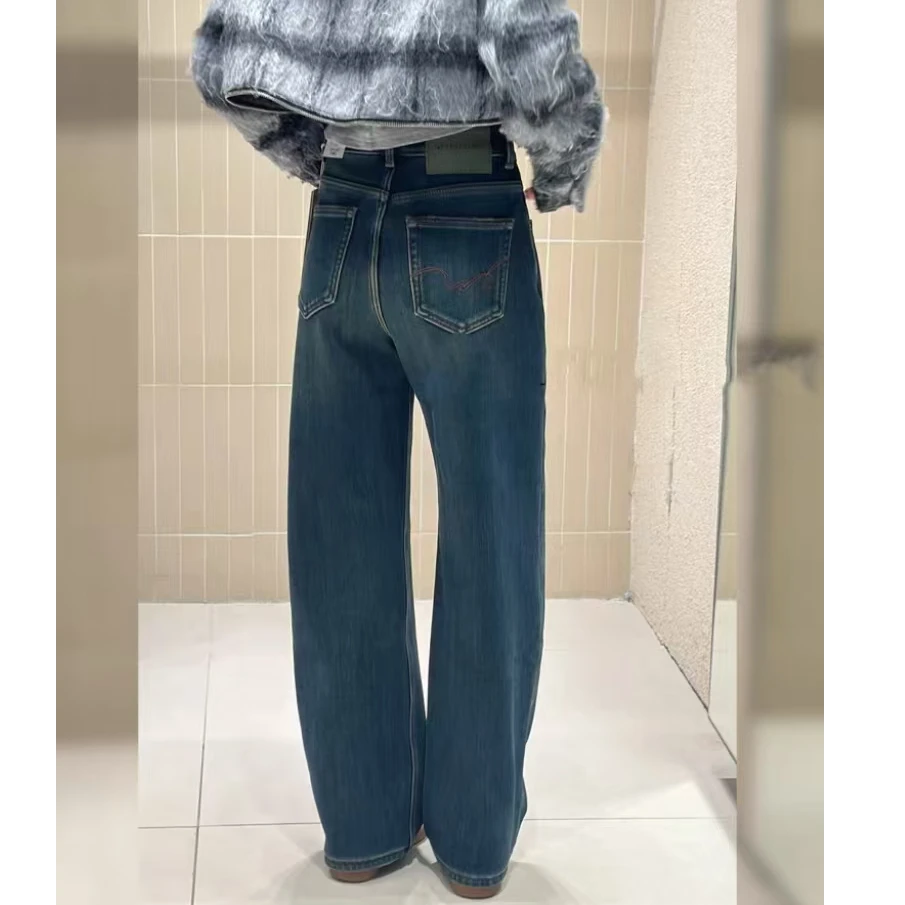 SU【100】98代 愫贺 MWMA加绒直筒裤复合绒加厚高腰蓝色显瘦阔腿裤~