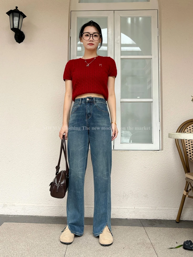 SU【222】96代素素MWMA百搭裤王早秋开叉四面弹窄版阔腿直筒牛仔裤~