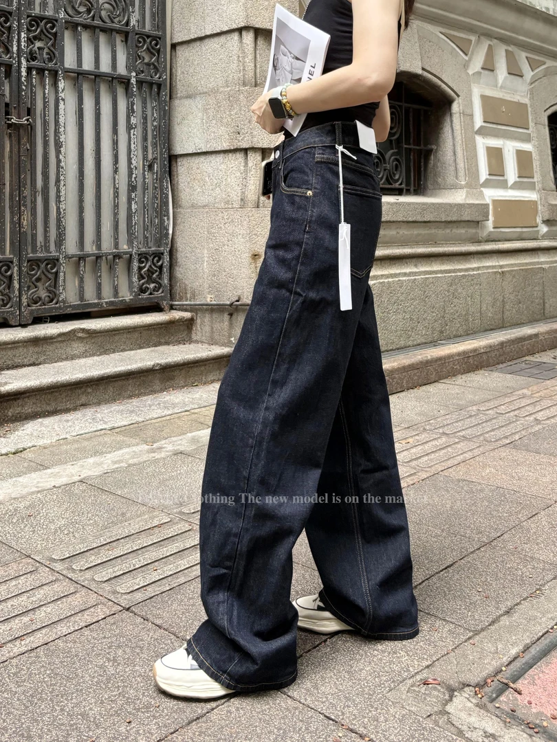 SU【007】66花愫玥MWMA加植绒断货王深蓝单宁色粉标窄版直筒阔腿裤~