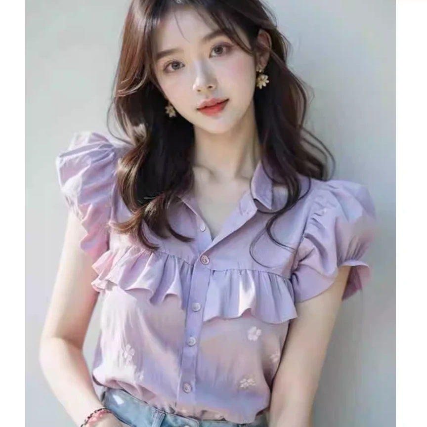 法式别致绝美上衣小香风气质荷叶边时尚泡泡袖衬衫女夏季2025新款