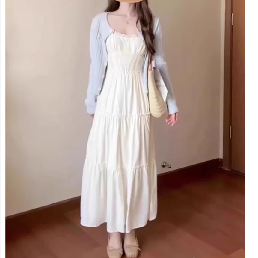 温柔风法式白色吊带连衣裙子女夏季2025新款海边度假沙滩长裙