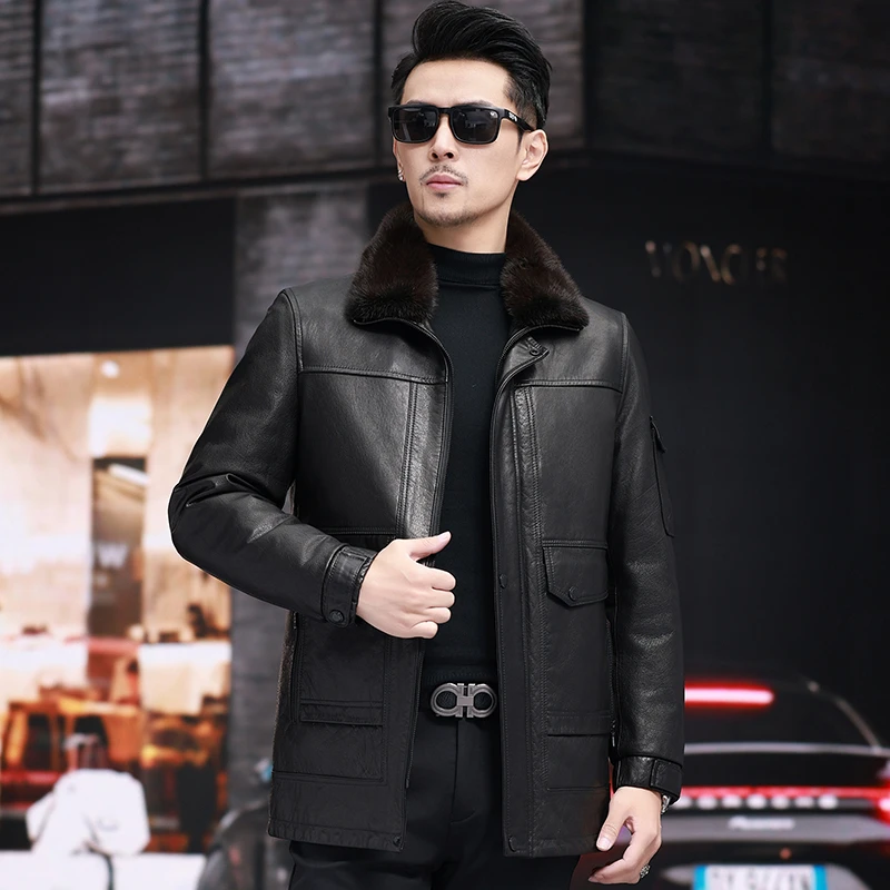 新款头层牛皮中长款真皮皮衣冬季可拆卸鹅绒内胆水貂毛领