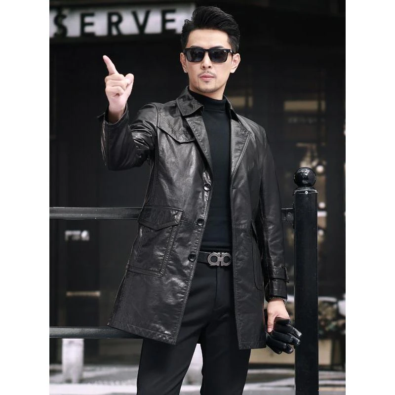 新款头层牛皮油蜡风衣男中长款西装领休闲外套