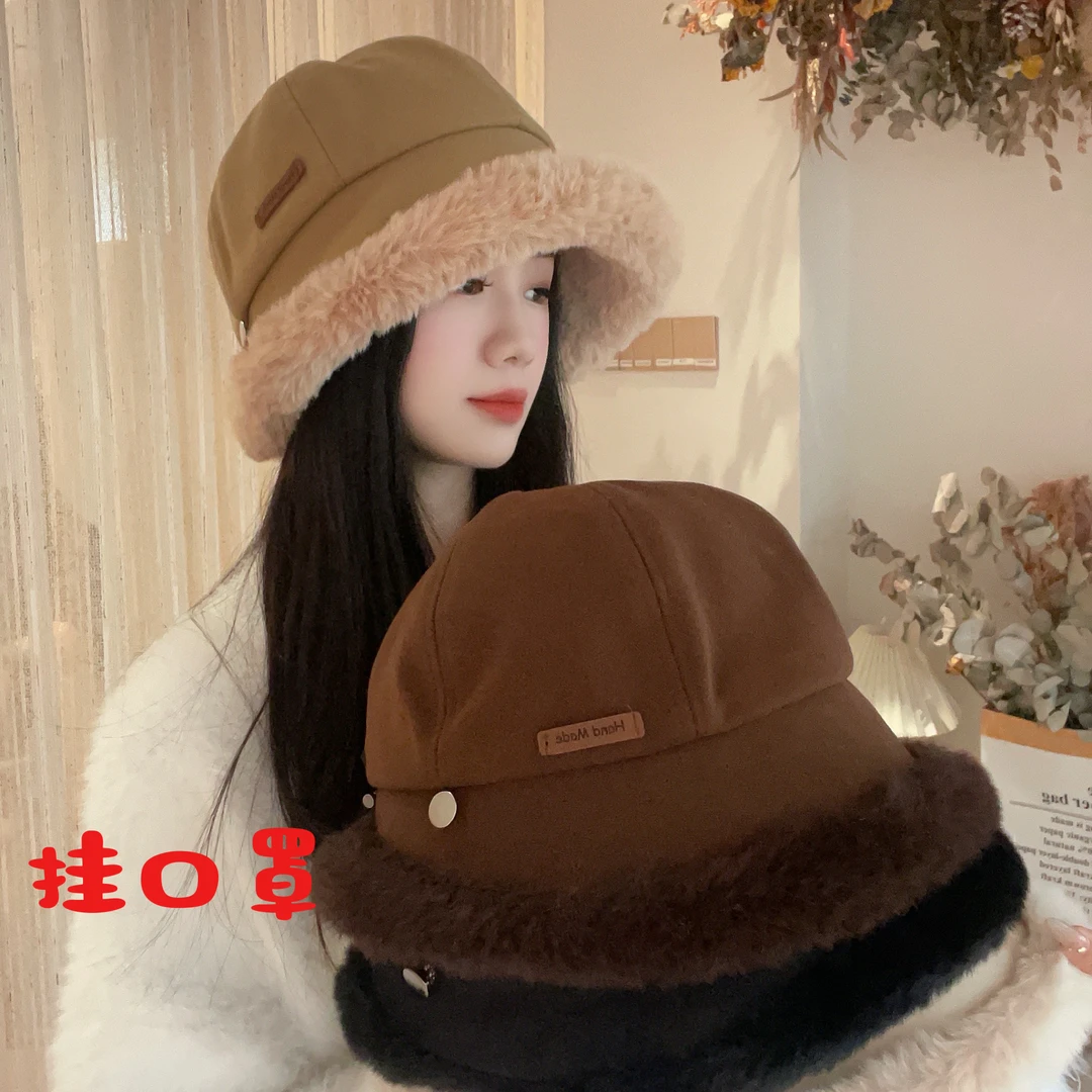 秋冬加厚毛绒渔夫帽子女户外保暖东北防寒冷帽显脸小加绒遮脸盆帽