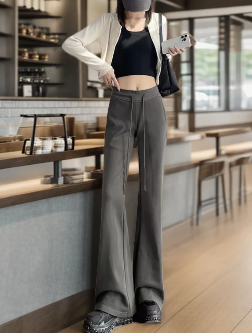 微喇窄版修身运动裤女夏大码胖mm梨型身材高腰显瘦弹力休闲拖地裤