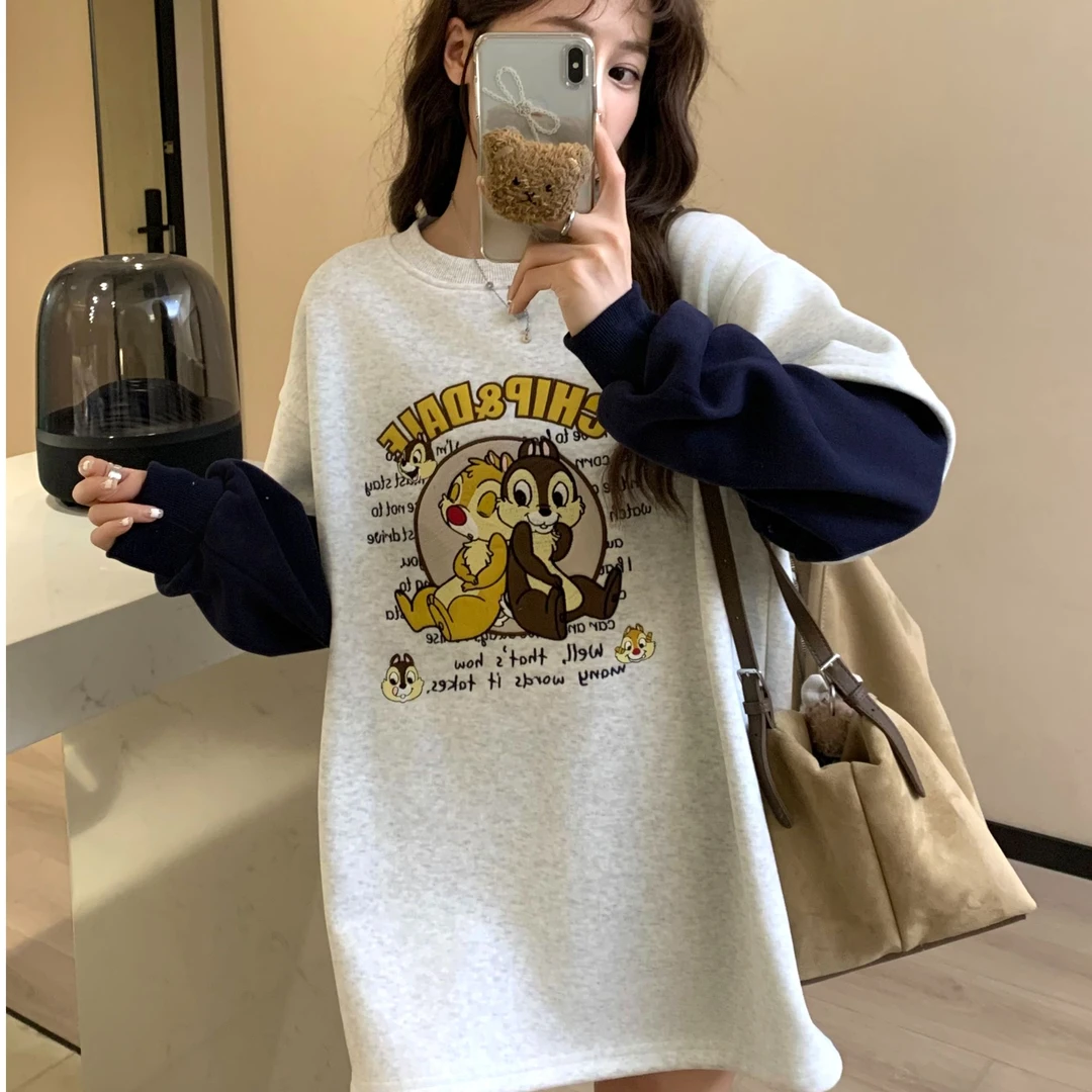 长袖T恤卫衣少女冬装2024新款学生学院风假两件松鼠加绒加厚上衣