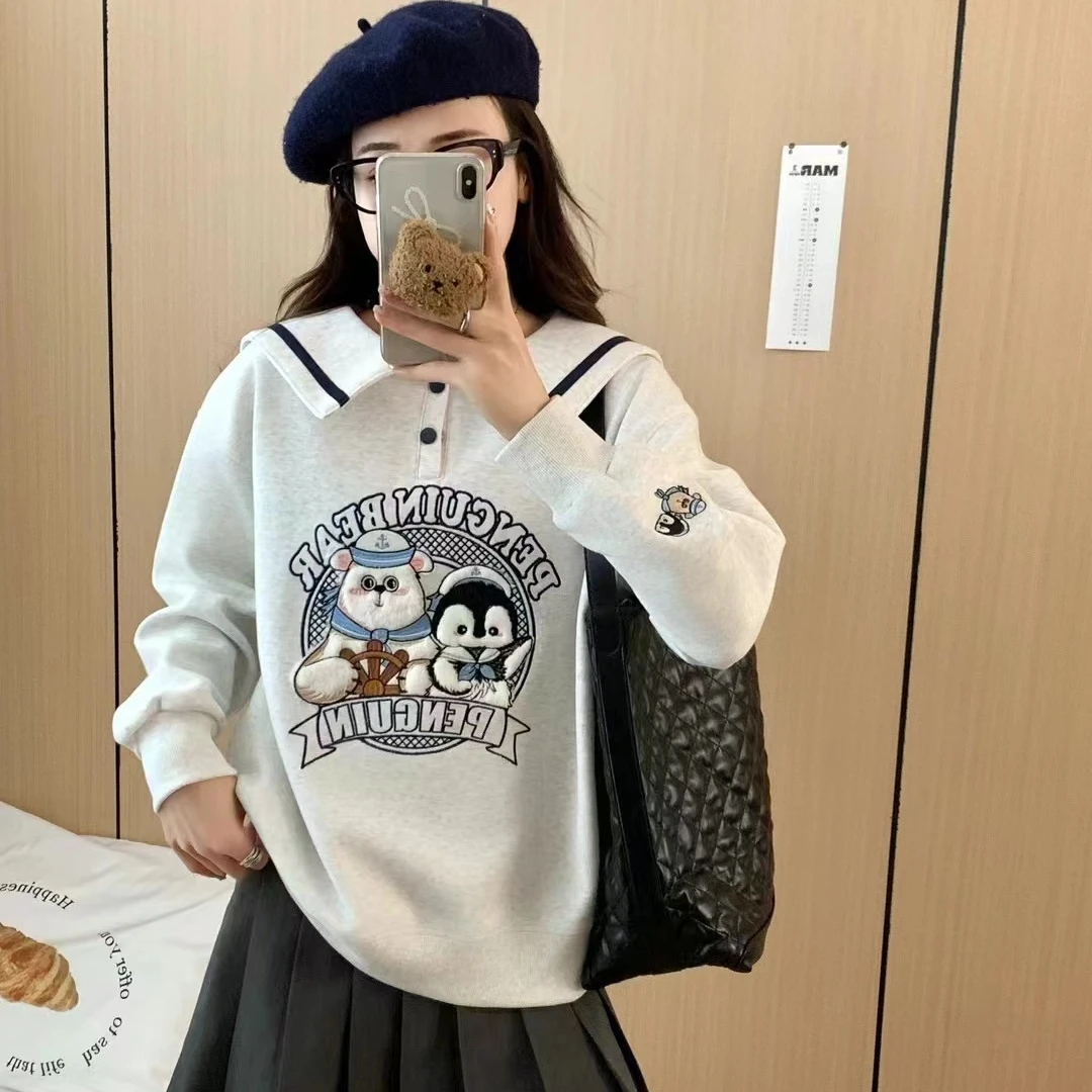 复古港味海军领企鹅家族卫衣女2024秋新款宽松韩版设计感上衣潮