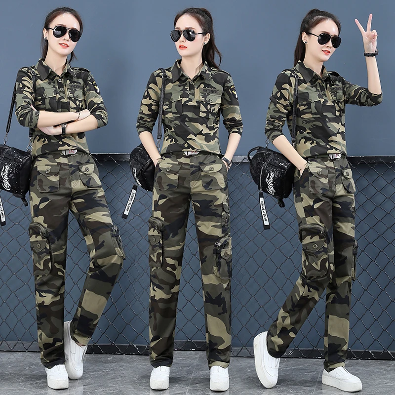 春秋季新款迷彩服套装女长袖翻领时尚工装裤演出两件套水兵舞服装