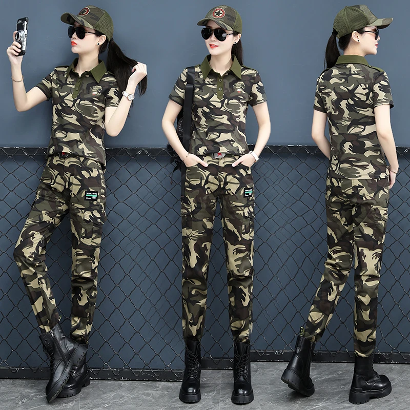 迷彩服夏季翻领短袖套装女2025年上衣减龄显瘦工装裤演出水兵舞服