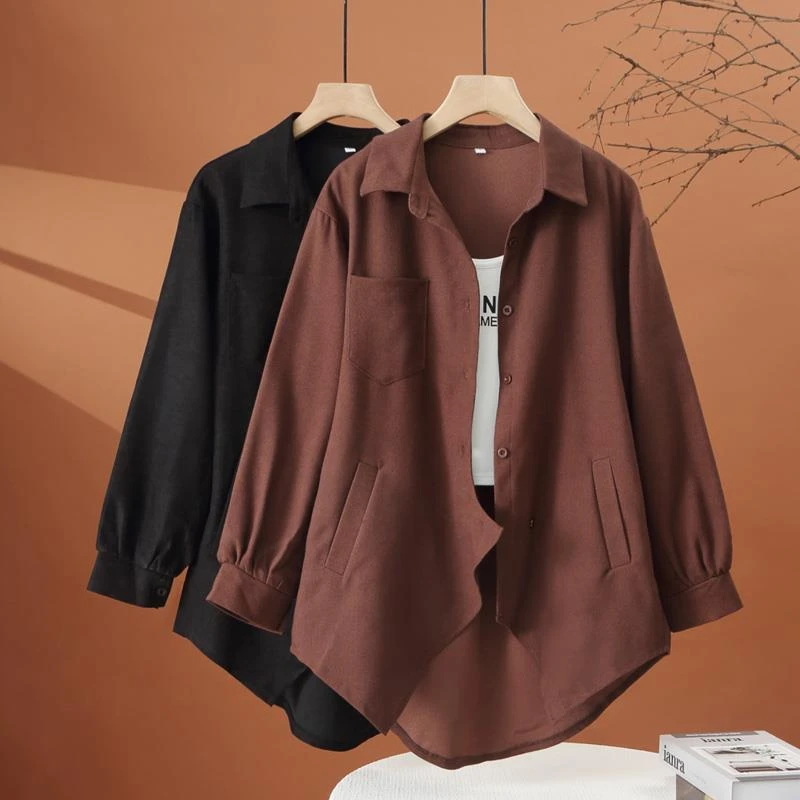 中长款长袖衬衫外套女春秋2025新款宽松上衣秋季遮肉显瘦大码衬衣