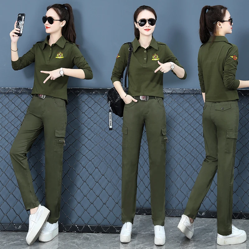 迷彩服长袖条纹翻领T恤女春秋新款时尚广场水兵舞服演出休闲套装