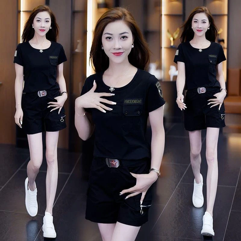 迷彩服短裤女夏季薄款工装户外圆领短袖短裤休闲运动水兵舞服套装