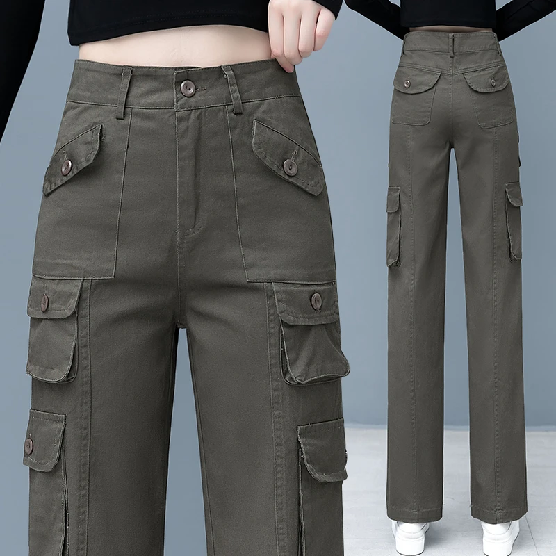休闲工装裤女春秋季爆款新款多口袋高腰宽松减龄直筒阔腿裤子爆款