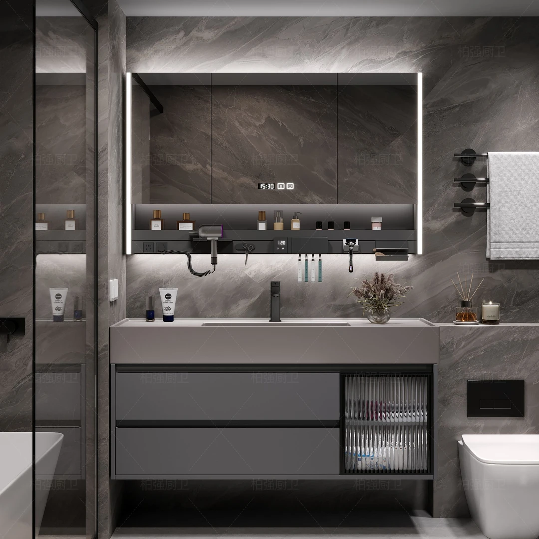 ENF级豪华美妆储物收纳架灰实木环保耐用镜面加热快速除雾挡水边