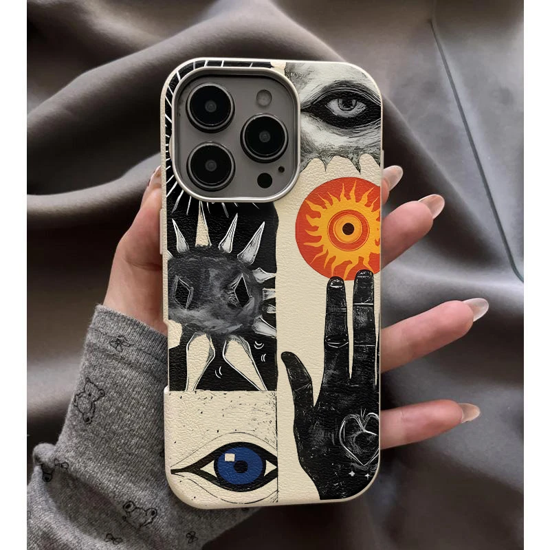 莱冰艺术抽象空洞适用iPhone16荔枝纹15金属框苹果手机软壳13套