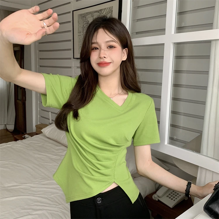 新款大码设计感不规则遮肚子T恤百搭女小众褶皱藏肉短袖正肩衫