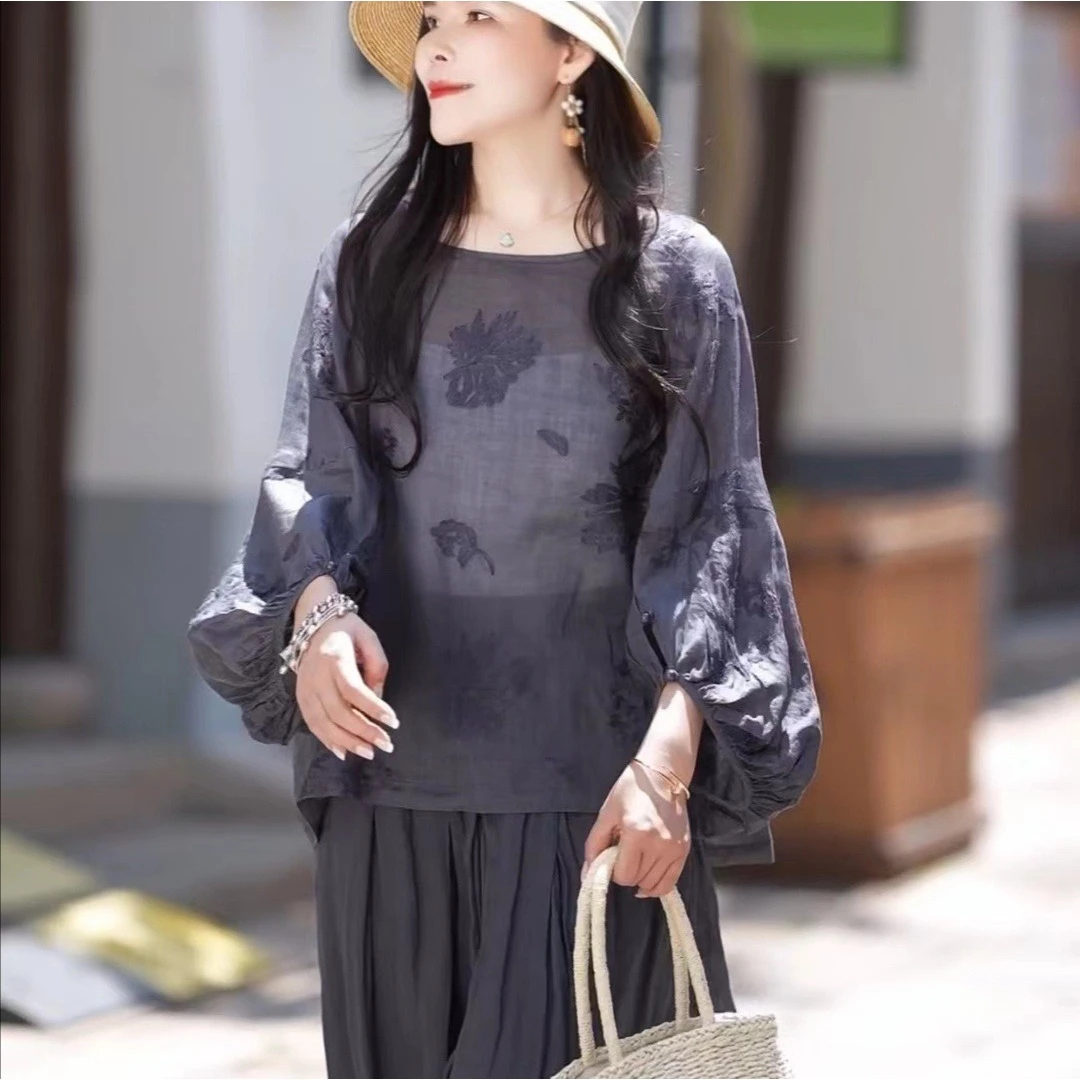 复古苎麻满绣内里包边灯笼袖衬衫女夏新款文艺大版上衣