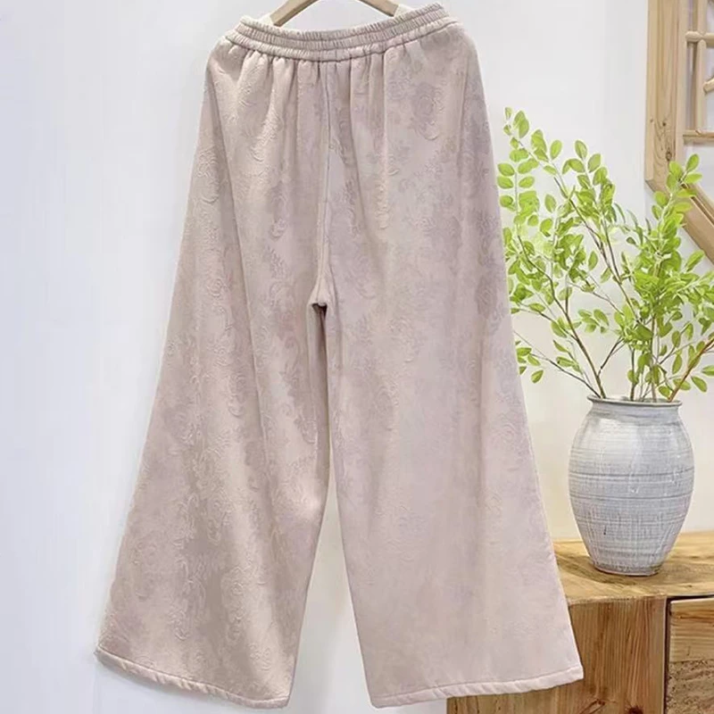 复古棉麻提花松紧腰系带内里包边阔腿裤女文艺宽松百搭显瘦休闲裤